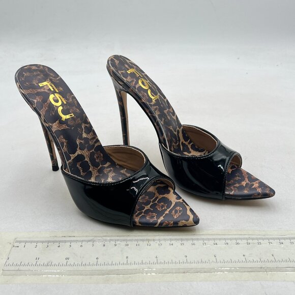 FSJ Brown Leopard Comfort High Heel Sandals Mules Peep Toe Slide Slip On Shoes - Picture 3 of 7